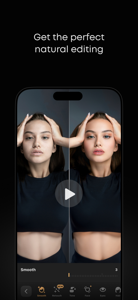 Comparación en pantalla dividida que muestra la herramienta de retoque y suavizado facial natural de Prequel