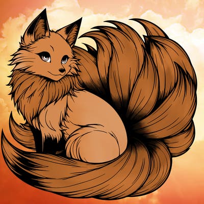 realistic detailed 9 tailed anime fox