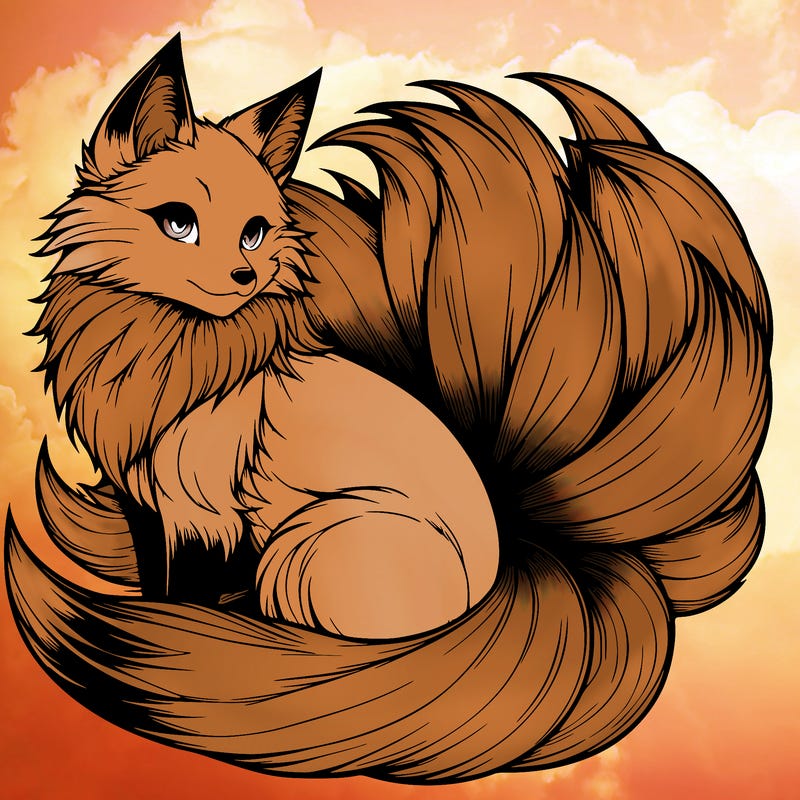 realistic detailed 9 tailed anime fox