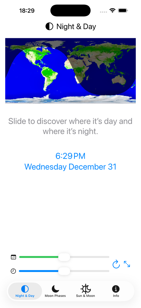 Oberfläche der Nacht- und Tag-App, die eine Weltkarte mit einer Tag- und Nacht-Überlagerung zeigt