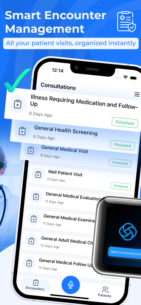 ScribeMD - AI Medical Scribe - Interfaz de la aplicación ScribeMD que muestra una lista de consultas médicas de pacientes organizadas en iPhone y Apple Watch