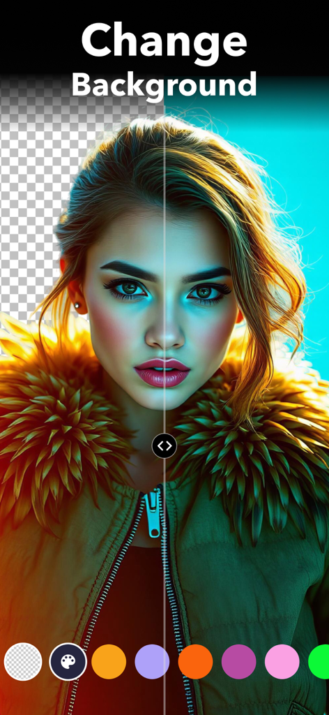 Interface of the AI Photo Generator app showing a split screen demonstration of the change background feature on a stylized portrait.
