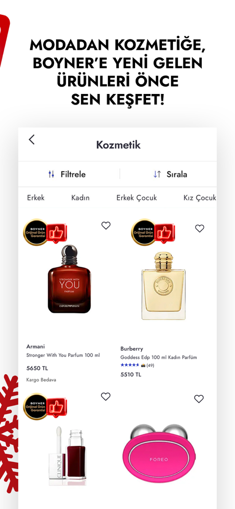 Boyner – Online Shopping - Boyner Mobile-App-Bildschirm, der Kosmetika und Parfüms von Marken wie Armani und Burberry zeigt.