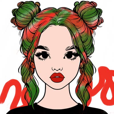 realistic girl with two buns in hair and lips