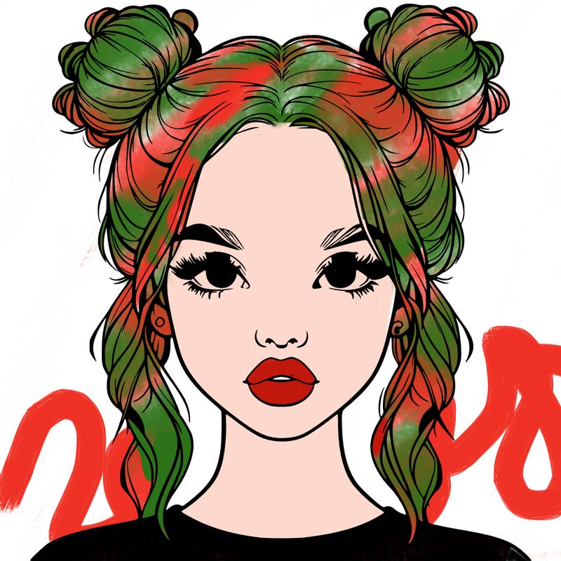 realistic girl with two buns in hair and lips