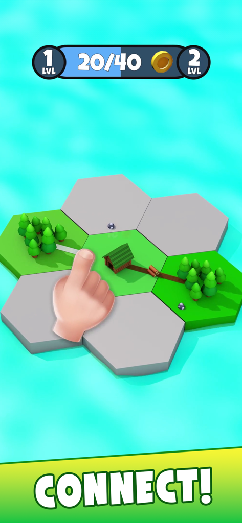 States Builder: Trade Empire - States Builder Trade Empireのモバイルゲームプレイ。手で、六角形のグリッドマップ上の森林資源に製材所を接続している様子。