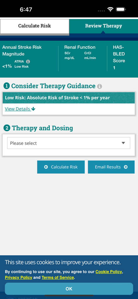 Therapy guidance and dosing section of the AnticoagEvaluator medical app showing stroke risk and clinical trial data.