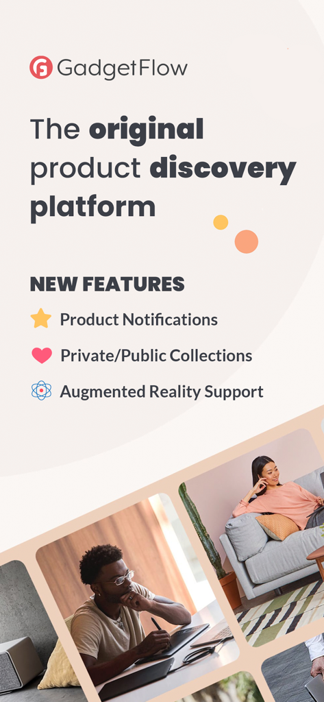 Gadget Flow - Discover & Shop - Pantalla de la aplicación Gadget Flow mostrando nuevas funciones, incluyendo notificaciones de productos y soporte de realidad aumentada.