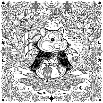 Unleash your creativity with this unique coloring page featuring an adorable hamster draped in gothic finery, exploring a mystical winter landscape. Perfect for those who love whimsical creatures and dark fantasy aesthetics, promising a captivating artistic escape.