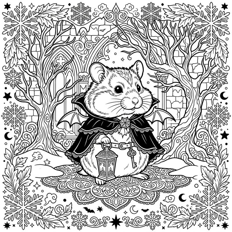 Unleash your creativity with this unique coloring page featuring an adorable hamster draped in gothic finery, exploring a mystical winter landscape. Perfect for those who love whimsical creatures and dark fantasy aesthetics, promising a captivating artistic escape.