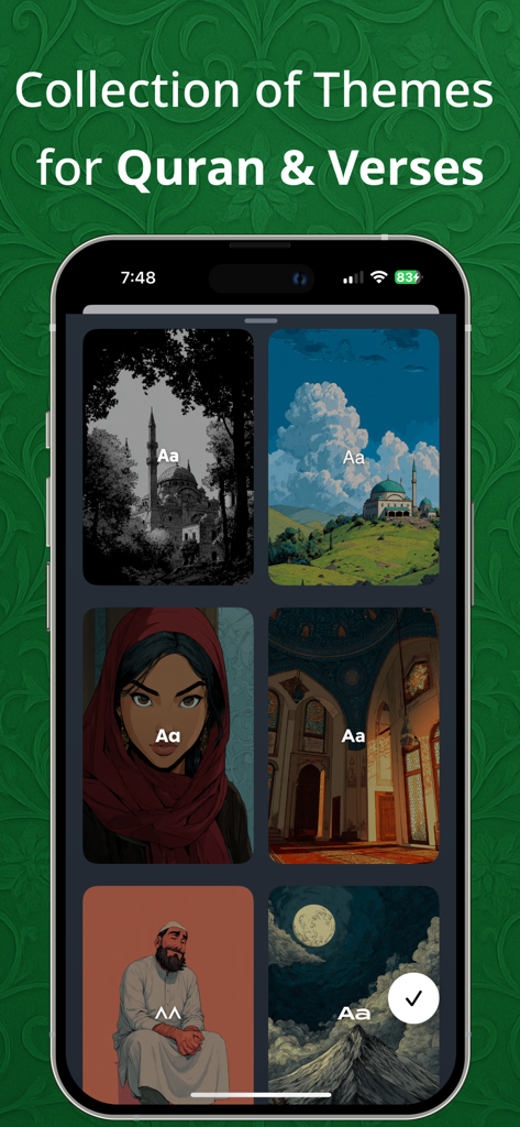 Smartphone-Bildschirm, der eine Sammlung ästhetischer Hintergrundthemen zur Personalisierung von Koranversen anzeigt.