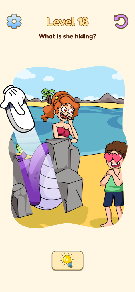 삭제 퍼즐의 게임 플레이 스크린샷으로, 지우개 도구를 사용하여 캐릭터 뒤에 숨겨진 뱀 꼬리를 드러내는 레벨을 보여줍니다.