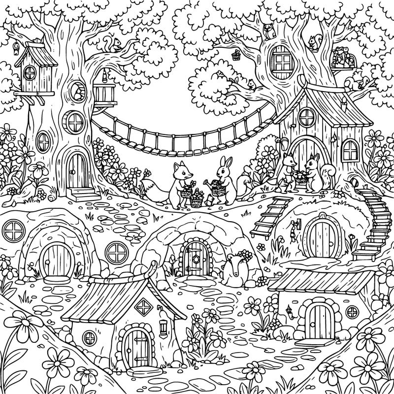 show a family of woodland animals living in houses within nature.  include trees, underground burrows, flowers, etc