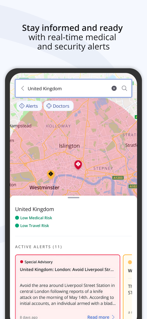 International SOS Assistance app showing a real-time security alert map and medical risk levels for the United Kingdom.