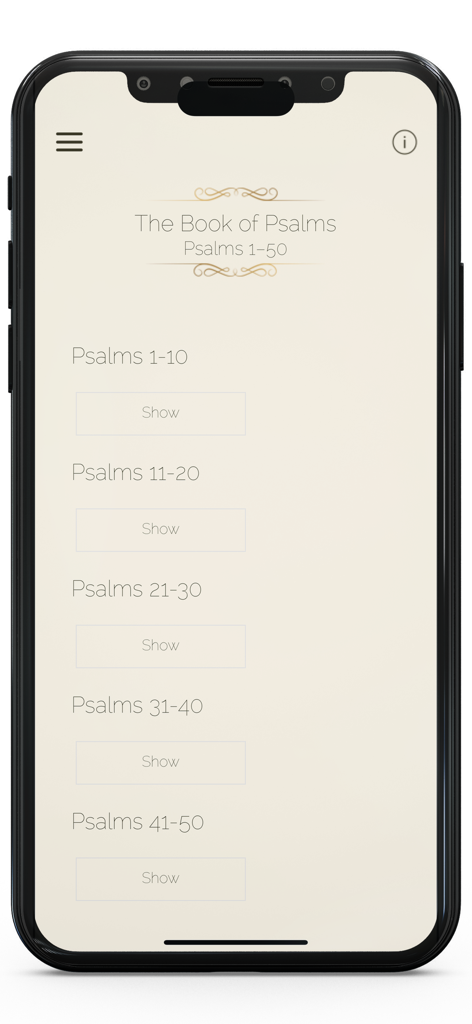 10개씩 그룹화된 시편 목록이 있는 PrayersPlus 앱의 시편 책 탐색 화면