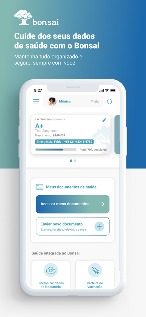 Bonsai - Saúde da sua família - Bonsai app home screen with family medical records and vaccination history dashboard.