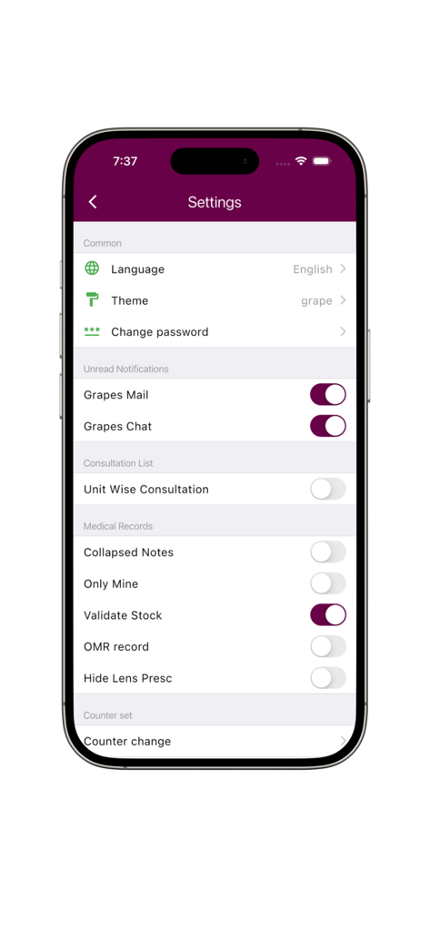 Doctor G - Pantalla de configuración de la aplicación médica Doctor G que muestra opciones de tema de idioma y registros médicos