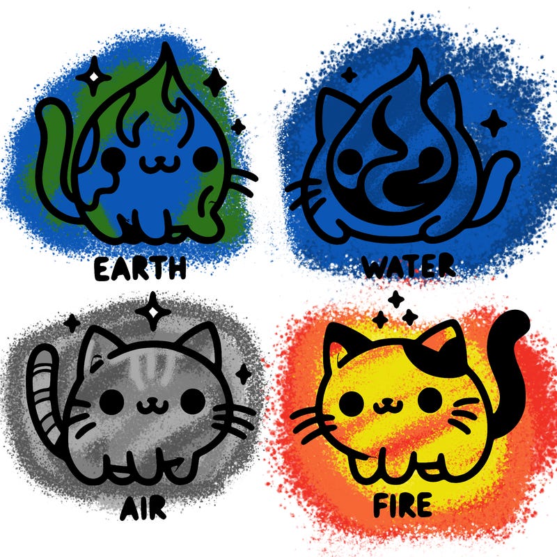 4 cats that represent the different elements, earth, water, air, and fire