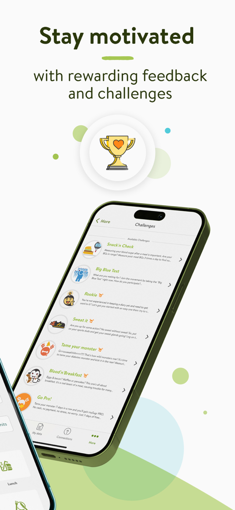mySugr - Diabetes Tracker Log - mySugr app screen displaying motivational diabetes management challenges and rewarding feedback