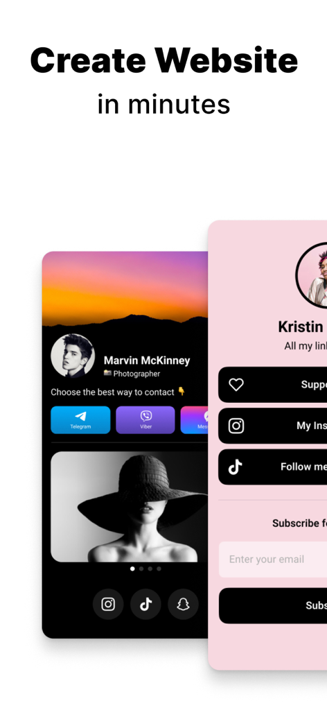 Link In Bio Websites - Mssg.me - Mobile app interface of Mssg.me showing professional link in bio landing pages for creators and photographers