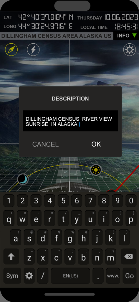 Compass i16 GeoTag GPS Camera - Compass i16 app interface showing GPS coordinates and a custom photo description field for geotagging.