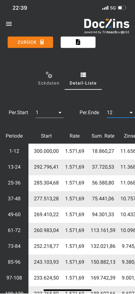 A detailed loan repayment schedule table showing monthly installments and interest charges within the DOCZINS app