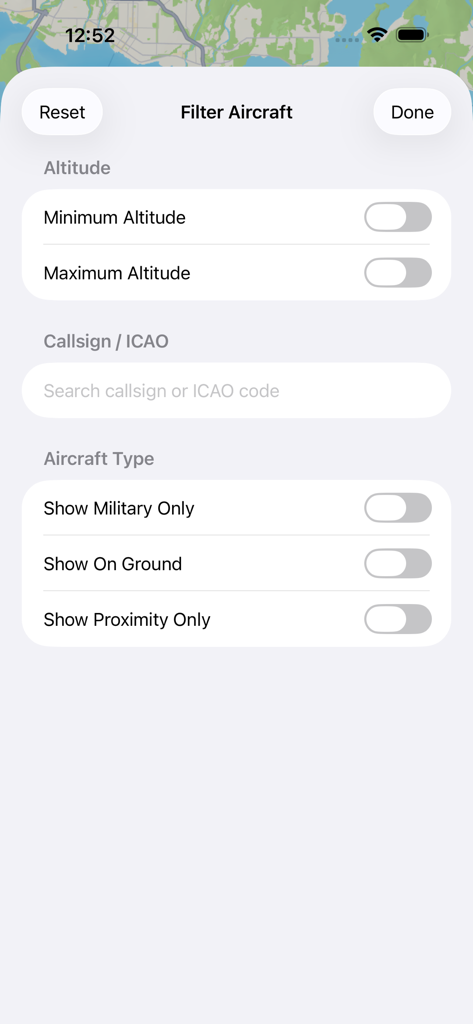 Sky Pinger - Aircraft filtering interface in the Sky Pinger app showing options for altitude, callsign search, and military aircraft filters.
