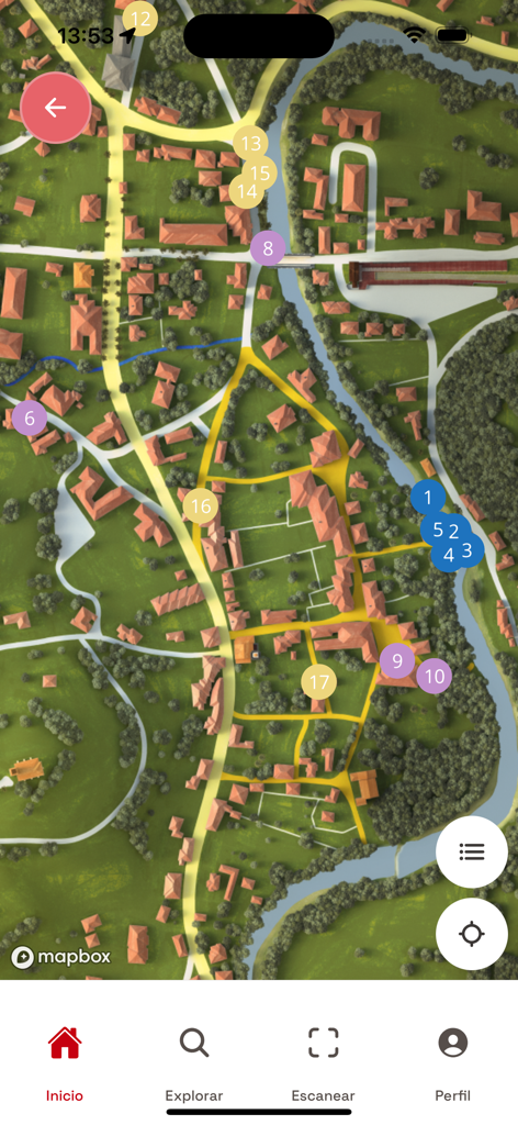 Te cuento - An interactive 3D map view in the Te Cuento app showing numbered points of interest for a cultural tour