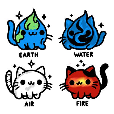 4 cats that represent the different elements, earth, water, air, and fire