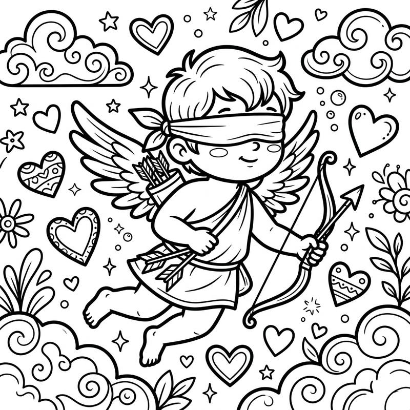 Embrace the joy of love and creativity with this delightful blindfolded Cupid coloring page, thoughtfully designed for seniors. Its large print and clear outlines offer a relaxing and engaging artistic experience.