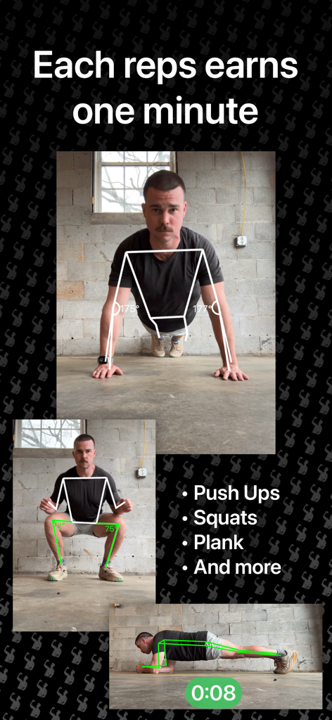 Un homme démontrant des pompes, des squats et des planches avec des superpositions de suivi de répétitions par IA pour gagner des minutes d'utilisation de l'application.