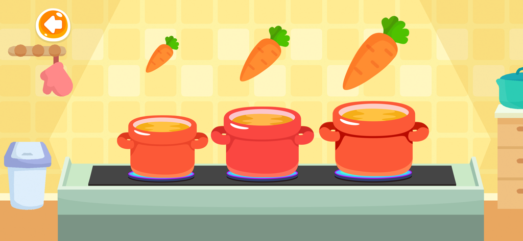 Educational kitchen game for toddlers showing three different sized pots and carrots for sorting.