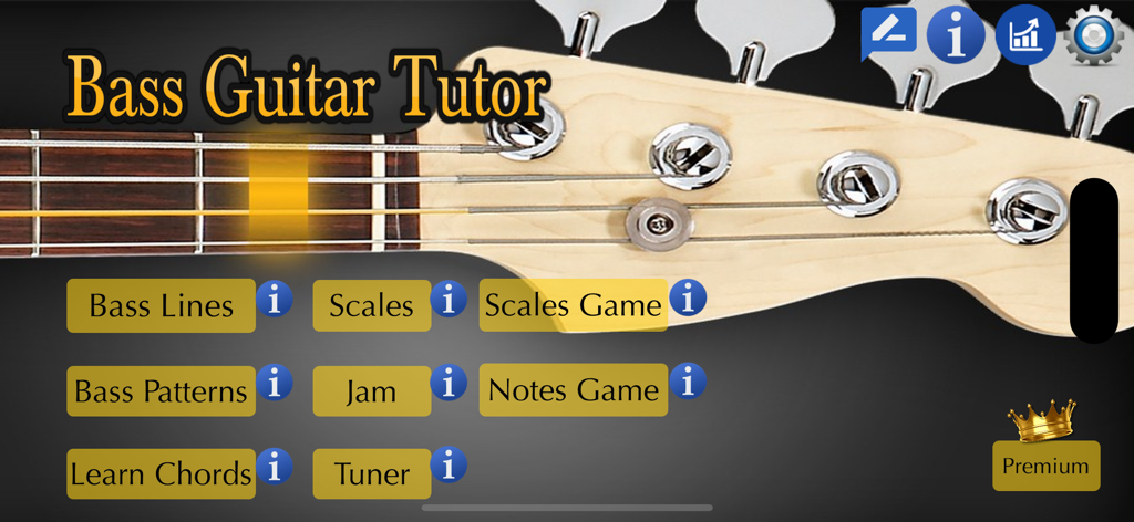 Bass Guitar Tutor - Menú principal de la aplicación Tutor de Bajo Eléctrico mostrando opciones para líneas de bajo, escalas, juegos y acordes.