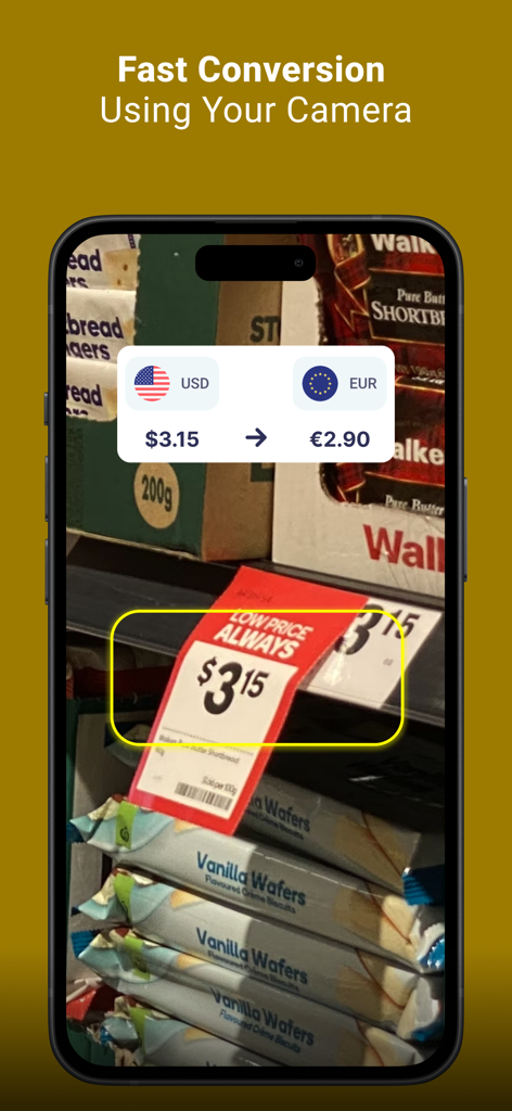 My Currency converter · - Tela do aplicativo iPhone mostrando a conversão de moeda em tempo real de um preço de Dólares Americanos para Euros usando a câmera