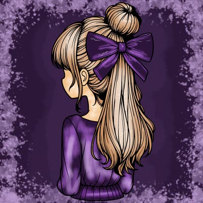 realistic girl  with hip length hair a bun and a big bow on the back of head