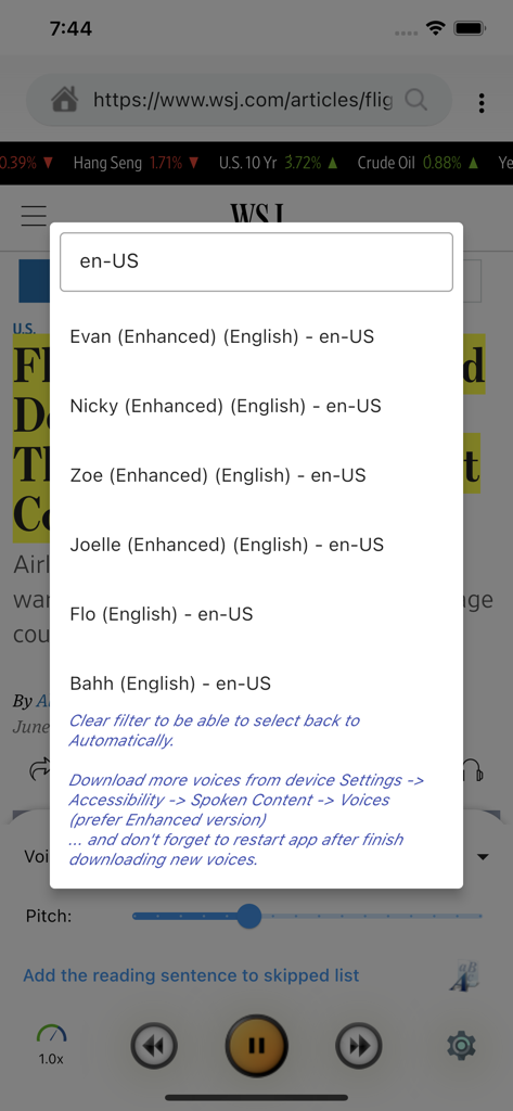 AI Read Aloud Text To Speech - A menu in the AI Read Aloud app showing a list of enhanced English voice options for text to speech.