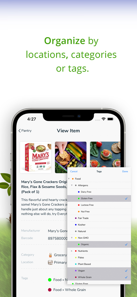 Nest Egg - Inventory - Organizing items in the Nest Egg inventory app using descriptive tags like organic and vegan.