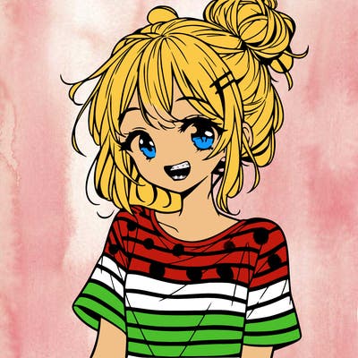 anime girl teenager striped shirt and smile and messy bun
