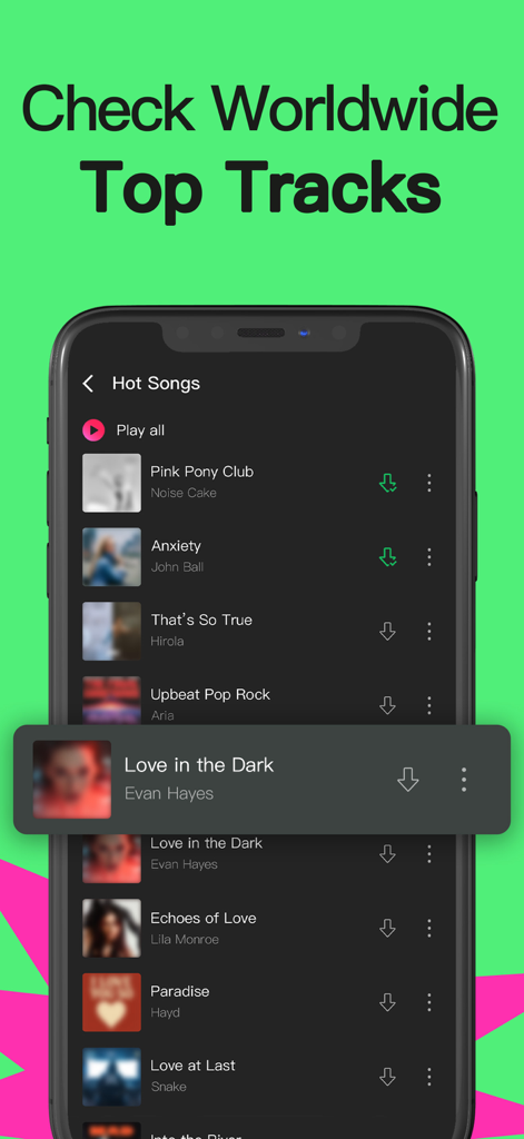 スマートフォンにMusic Tuneアプリのインターフェースで、ヒット曲や人気トラックのリストを表示。