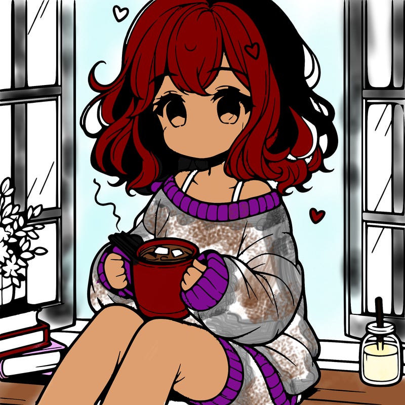 cute anime girl reading book and drinking hot chocolate from mug with loose wavy hair wearing a baggy sweatshirt and shorts sitting by windowsill looking out