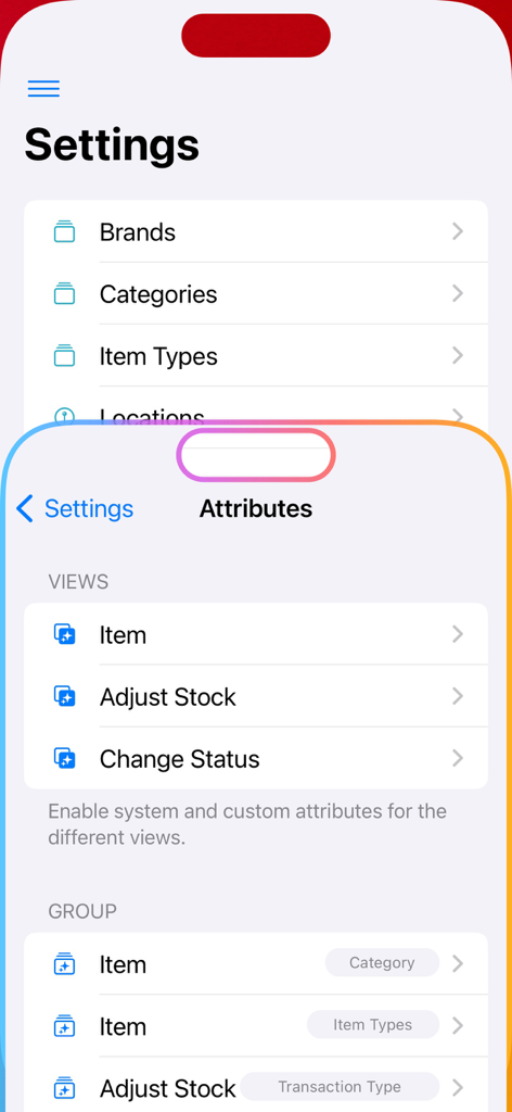 Inventory for Business - Settings and attributes interface of the Inventory for Business app for managing inventory views and groups