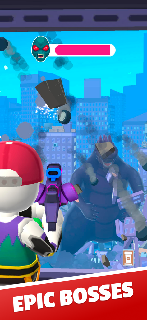 Un jugador disparando a un jefe monstruo gigante desde un helicóptero en una ciudad