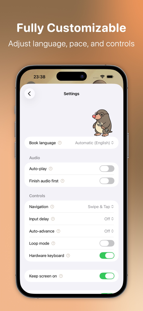 JOSY - Books for Every Child - Pantalla de configuración de la aplicación JOSY que muestra opciones de accesibilidad para el idioma, el audio y los controles de navegación.