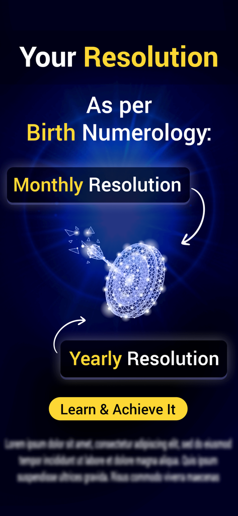 Numerology - Numbers & You - Interfaz de la aplicación Numerología que muestra resoluciones mensuales y anuales basadas en la fecha de nacimiento.