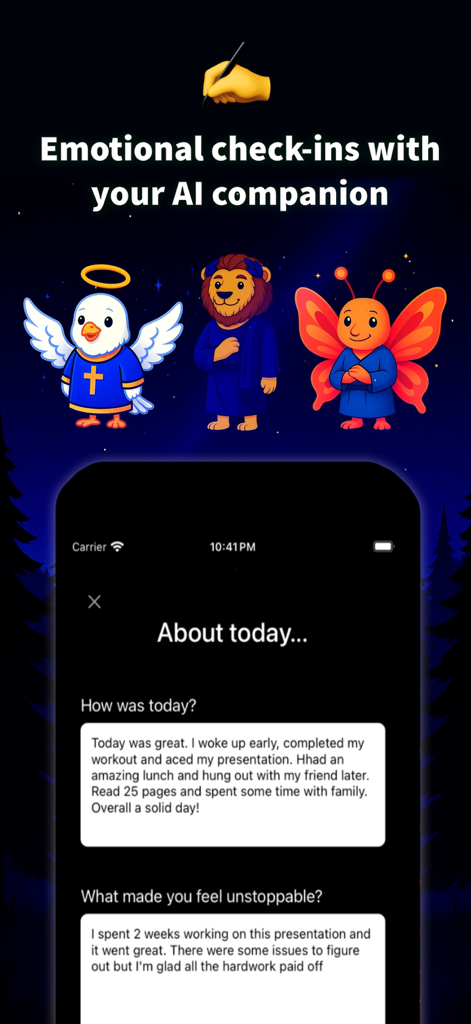 GlowArc app emotional check-in interface with character guides and journal entries