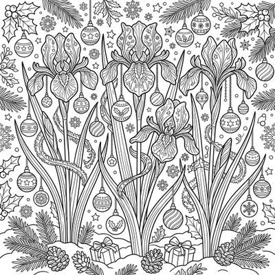 Discover the serene beauty of Spuria Irises intertwined with the festive spirit of Christmas in this enchanting coloring page. Adorn elegant floral details with joyful holiday elements, perfect for a relaxing and creative escape.