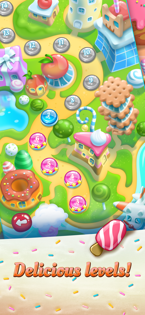 A vibrant candy-themed level progression map in the Nyan Cat Candy Match mobile game.