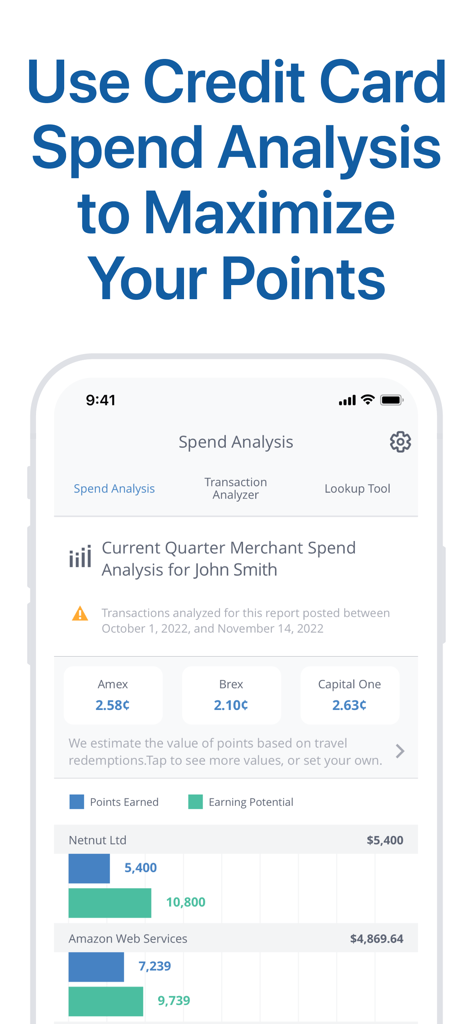 AwardWallet mobile app screen showing a spend analysis dashboard that compares points earned with earning potential to maximize credit card rewards.