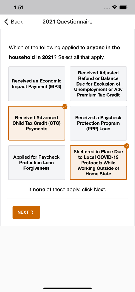Onvio Client Center - Uno schermo del questionario fiscale nell'app Onvio Client Center con opzioni a scelta multipla per eventi finanziari e fiscali