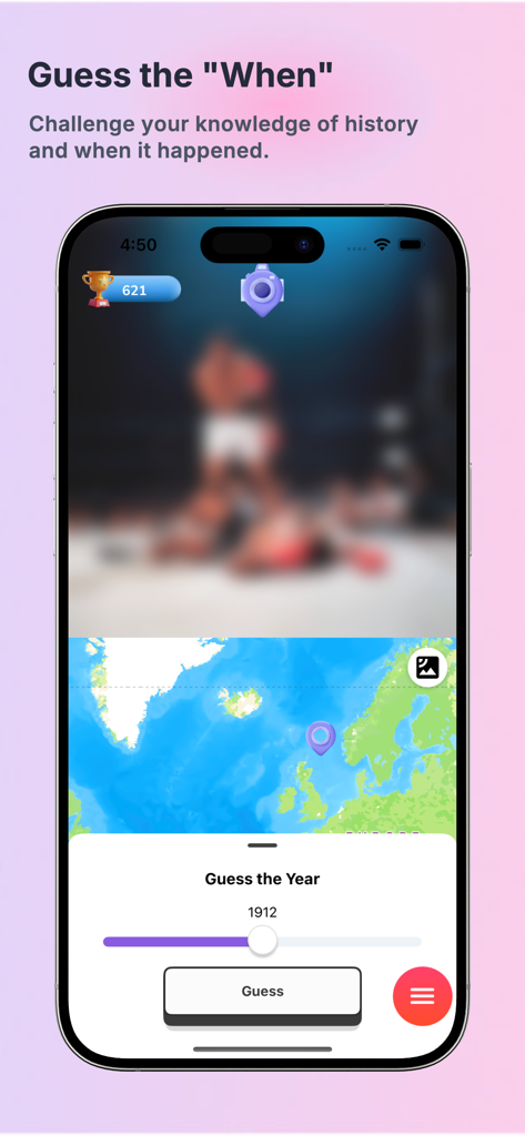 World History Quiz: WhenWhere - Ein Screenshot der Weltgeschichts-Quiz-App, der eine historische Fotoherausforderung mit einem Zeitstrahl-Schieberegler zum Erraten des Jahres zeigt.